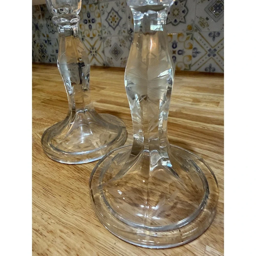 Vintage Etched Crystal Glass Candlestick Holders Pair Floral Wheat Pattern 7in